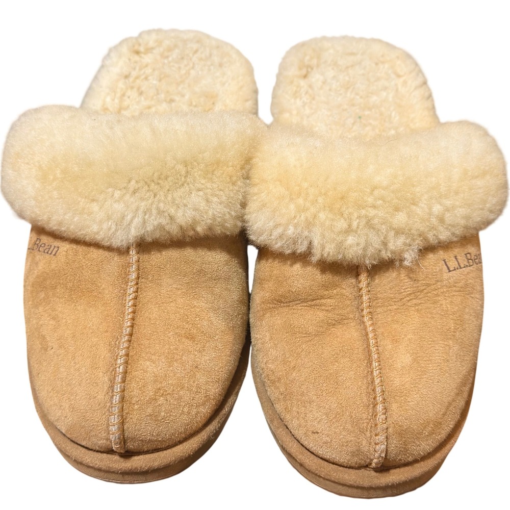 LL Bean Wicked Good Slippers Womens 13 Tan Sheepskin Shearling Scuff Mules Cozy